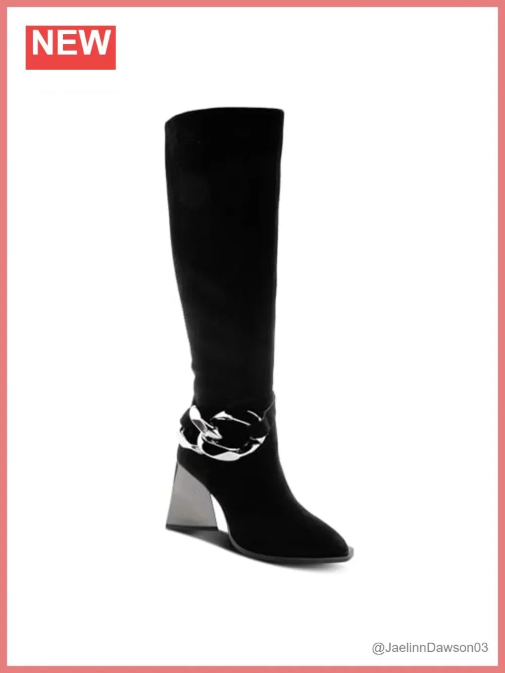 Vegan Microsuede Knee High Boots with Mirrored Triangular Heel and Zipper